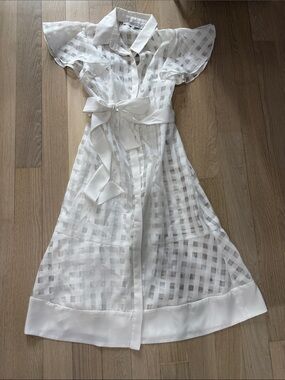 julia jordan White Sheer Check Tie-Waist Shirt Dress